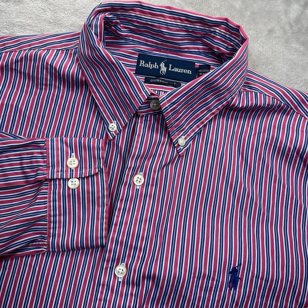 Ralph Lauren Men's 16‎ (L) Custom Fit Pink Blue Striped Button Shirt